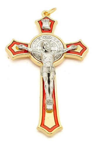 Imagem 1 de 4 de Crucifixo São Bento Dourado - Detalhe Resina Vermelha Italia
