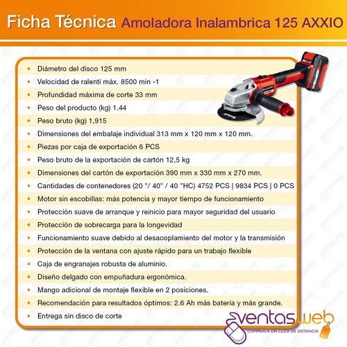 Amoladora Brushless Inalambrica 125mm Einhell Bateria 4 Amp