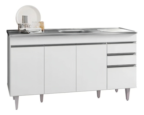 Armário Cozinha De Canto 7 Peças Cp24 Com Pia Inox Bco Cor Branco
