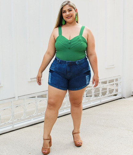 Imagem 3 de 7 de Short Jeans Plus Size Feminino Cintura Alta Com Lycra 46 54