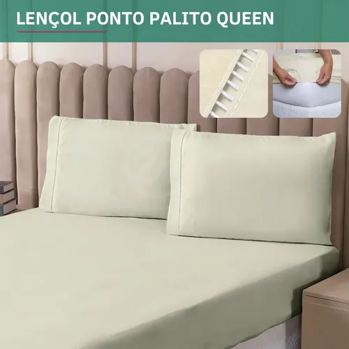 Kit Lençol Queen 3 Peças Fronha Ponto Palito Micropercal 400 Fios C/ Elástico Toque Aveludado Resistente Luxo Cor Palha