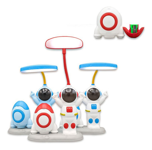 Velador Astronauta Led Sacapuntas Usb Lampara De Escritorio Azul Y Rojo