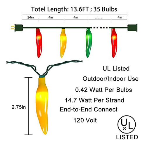 Luces De Chile En Cadena, 13.6ft Con 35 Chile Multicolor,