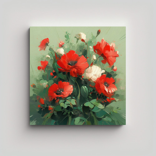 70x70cm Pintura Impresa De Flores Verde Y Rojo Bastidor Made