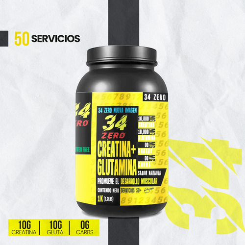 Suplemento Creatina + Glutamina 34 Zero 1 Kg 50 Servicios Naranja