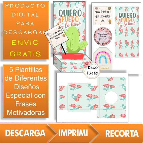 Imagen 3 de 4 de Kit Imprimible 04 Caja Portamaceta Suculenta Frase Positiva