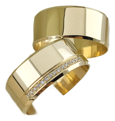 Par Alianças De Ouro 18k Retas Chanfros 15 Diamantes 8mm 12g