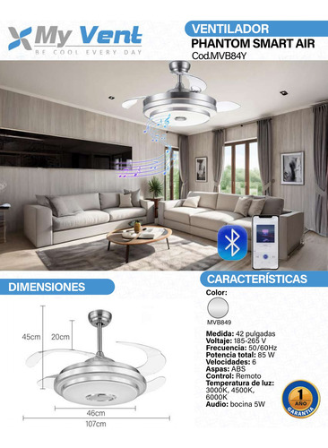 Ventilador De Techo C/luz Y C/bocina Bluetooth - Myvent 46 Cm 50/60hz Blanco Transparente Plástico 4