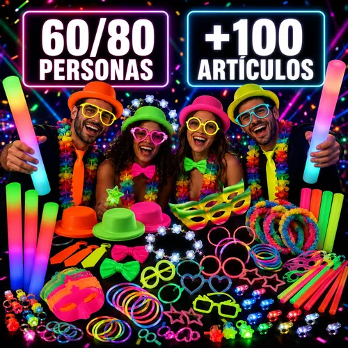 Combo Cotillon Luminoso Led Carioca Neon Fiesta 80 Personas Mix 100 Artículos