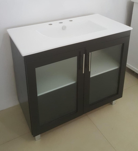 Imagen 2 de 5 de Vanitory 90x47 Color Wengue Puertas Con Vidrio Bacha De Loza