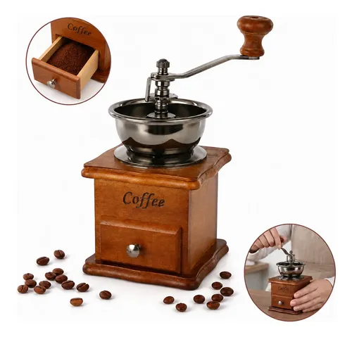 Moedor Café Manual Vintage Madeira Gaveta  Manivela Ajustável Marrom