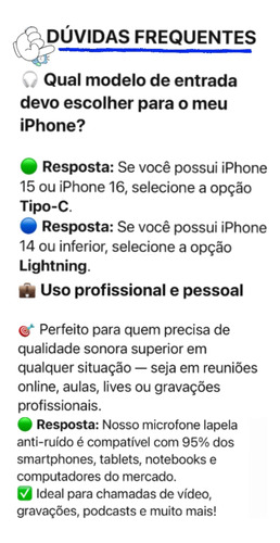 Microfone Lapela Sem Fio Duplo Sem Ruído iPhone Lightning