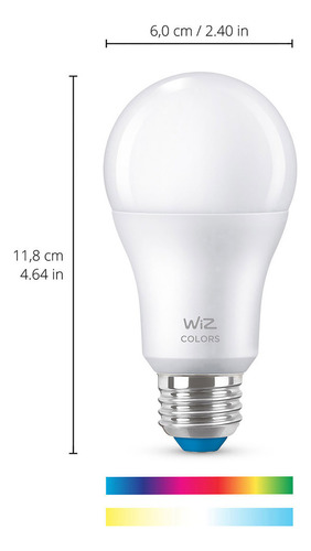 Foco Inteligente Wiz A19 E26 Luz Multicolor Controlable Wifi Color de la luz Blanco cálido, blanco frío y multicolor