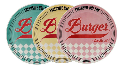 3 Pratos Jantar Burger Retro Coloridos Cerâmica Oxford