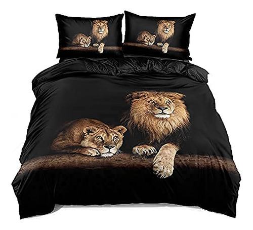 Juegos De Funda De Edredón Y Colcha Holiyjog Lion, Lino Negr