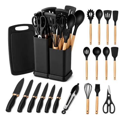 Kit Utensílios  Jogo 19 Peças Conjunto Em Silicone De Cozinha Preto