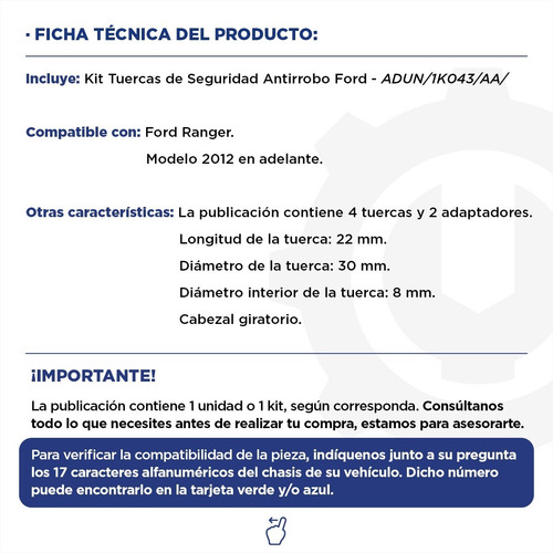 Imagen 2 de 9 de Kit Tuercas De Seguridad Antirrobo Ford Ranger Original