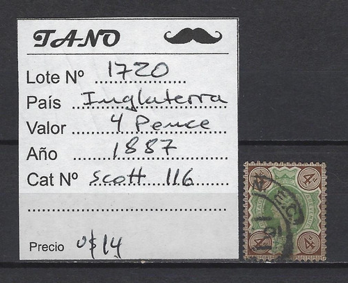 Lote1720 Inglaterra 4 Pence Año 1887 Scott# 116 Usado
