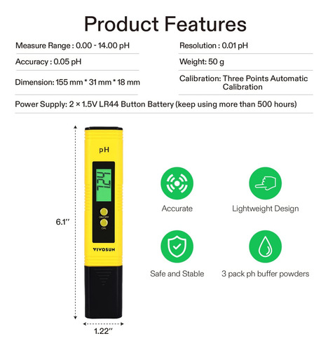 Medidor De Ph Y Tds Vivosun, 0.5ph, +2%, 3 En 1, Digital