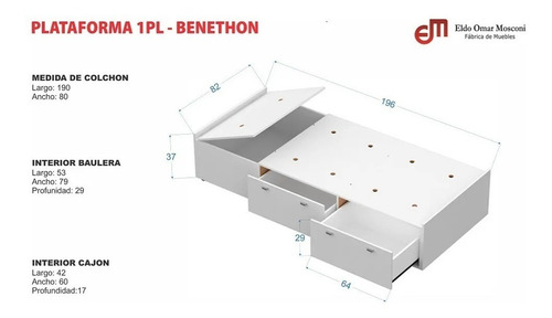 Imagen 5 de 5 de Plataforma Cama Box 1 Plaza Con Cajones Y Guarda Almohada