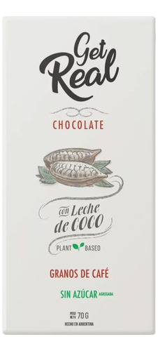 Get Real Chocolate Con Leche De Coco Y Granos De Cafe X 70g
