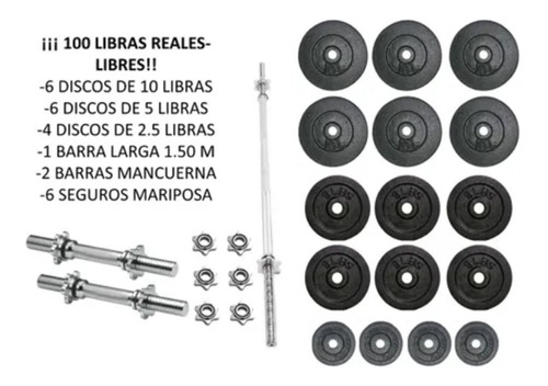 Kit  Pesas 100 Libras Discos +2barras Manc+barra Larga1.50