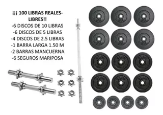 Kit Pesas 100 Libras Discos +2barras Manc+barra Larga1.50