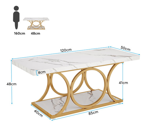 Mesa Auxiliar Rectangular 120 Cm Madera Mármol 2 Niveles