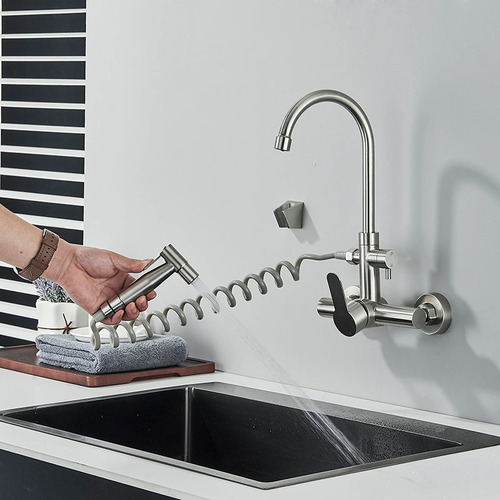 Torneira Cozinha De Parede Com Ducha Gourmet Misturador Quente E Frio Escovado Yesop