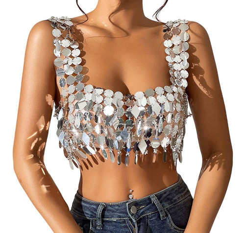 Lentejuelas Crop Top Backless Crop Halter Top Para Rave