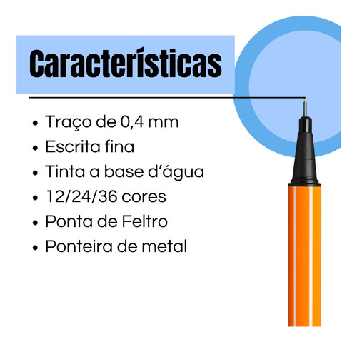 Kit Canetas Fine Line 12 Cores 0.4mm Ponta Fina Precisa Amarelo Colorido