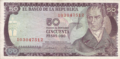 Colombia 50 Pesos Oro 20 De Julio 1973 9 Dígitos