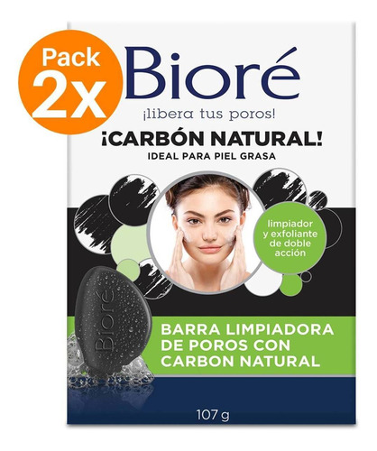 Biore Barra Limpiadora Carbón Natural 107gr Pack 2 Unidades