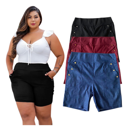 Kit 3 Short Grande Plus Tecido Estica Shortinho Bengaline