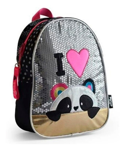 Mochila Jardín Con Lentejuela Panda 36 Cm Color Negro