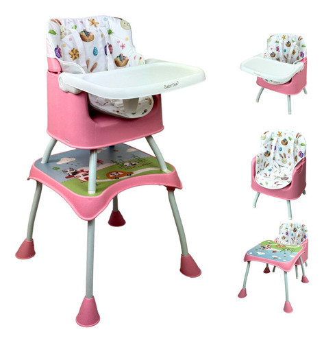 Silla Alta Con Periquera Para Bebe Con Bandeja Y Convertible Color Rosa Animales