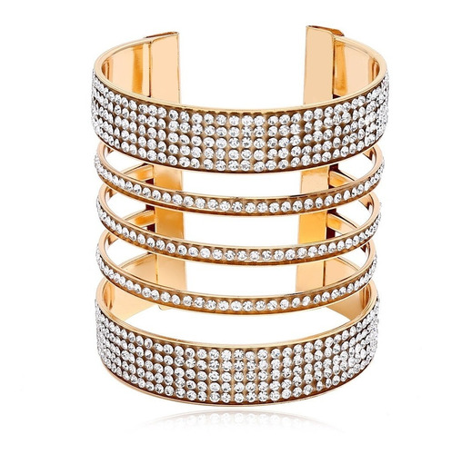 Lindo Bracelete Pulseira Dourado Strass Larga 6,8 Cm Luxo