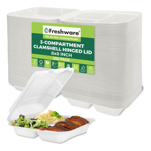 Freshware Contenedores Clamshell, 8 X 8 Pulgadas, 3 Comparti