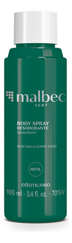 Refil Body Spray Desodorante Malbec Vert 100ml Fragrância Amadeirado