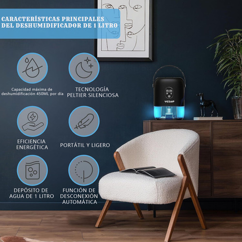 Deshumidificador Eléctrico 1000ML Silencioso Eficiente Portátil Led 7 Colores - Yesop
