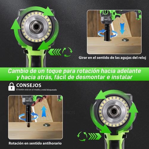 Pistola Impacto Llave Inalámbrica 1/2 600 Nm Con 2 Baterías 2 En 1 Con 24 Cuentas De Lámpara Led Merion MER+BS+600