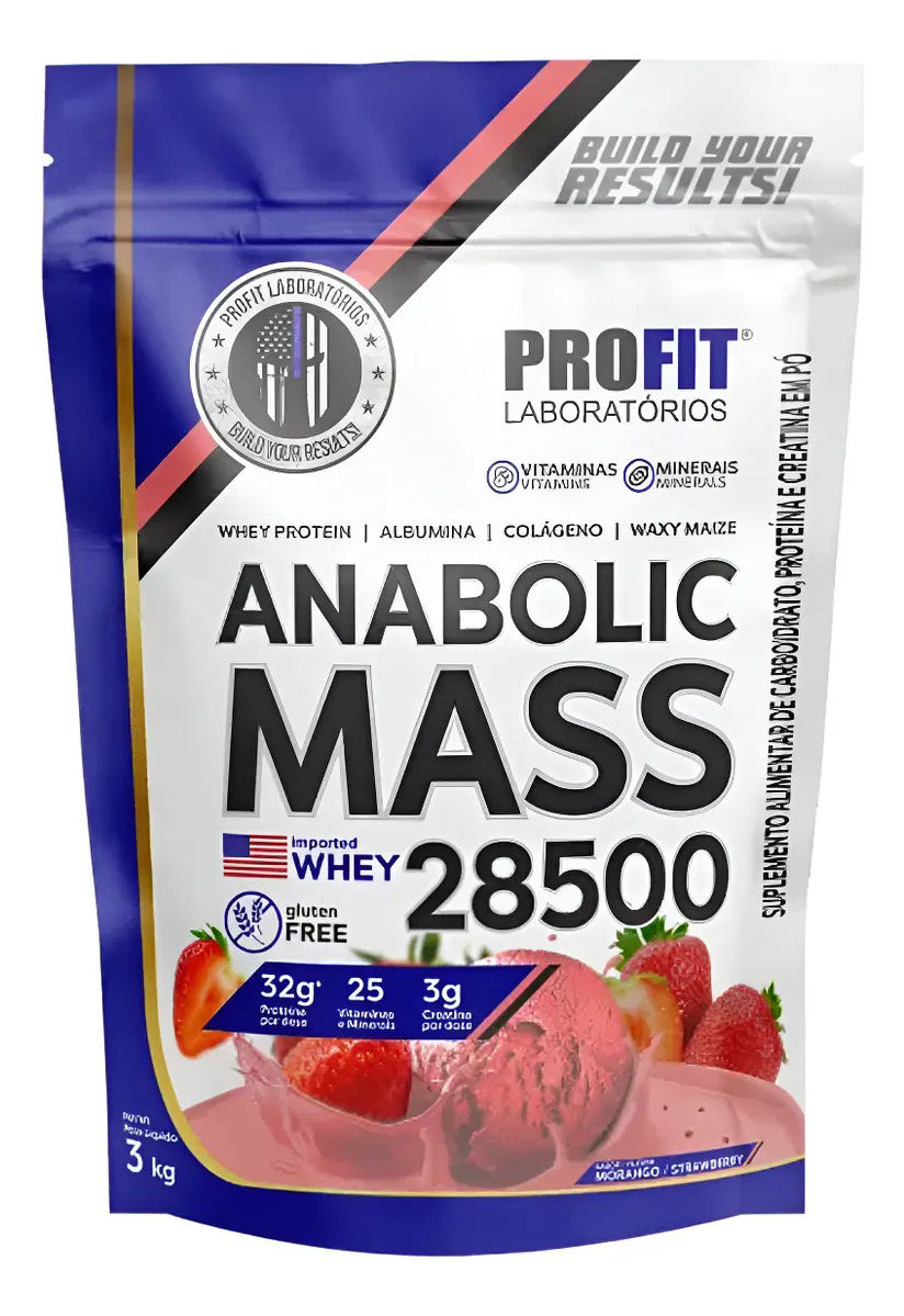 Suplemento Profit Anabolic Mass 28500 3kg Sabor Morango De 3kg - Pó