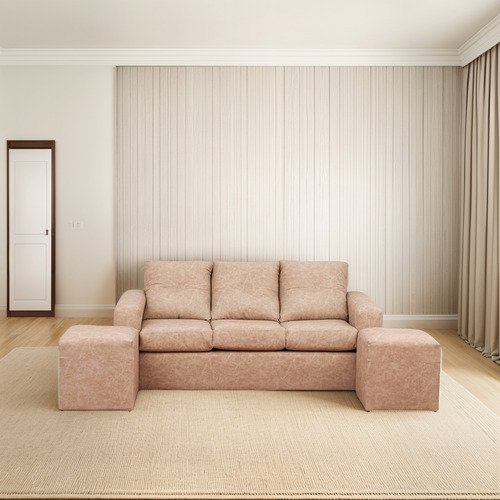 Sofá 3 Cuerpos Con 2 Pouf Cuero Auris Beige / Mueblesamérica