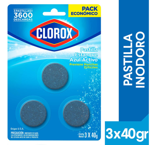 Pastilla para Estanque de Inodoro Clorox Azul Activo (Caja) 3 un x 40 gr