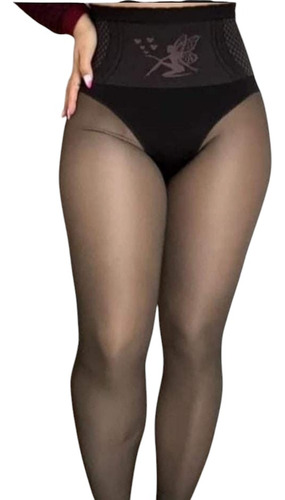 Medias Pantys Efecto Piel Con Faja Tiro Alto Negro Liso Único