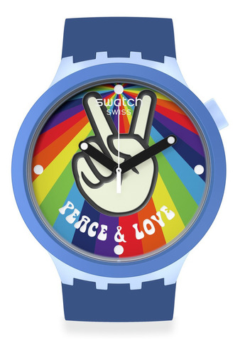 Reloj Swatch Big Bold Bioceramic Peace Hand Love Sb03n105 Color de la correa Azul Color del bisel Azul Color del fondo Blanco