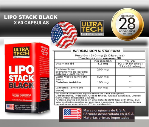 Imagen 2 de 6 de Lipo Stack Black Ultra Tech X 60 Cápsulas Quemador De Grasas Lipotrópico Termogénico