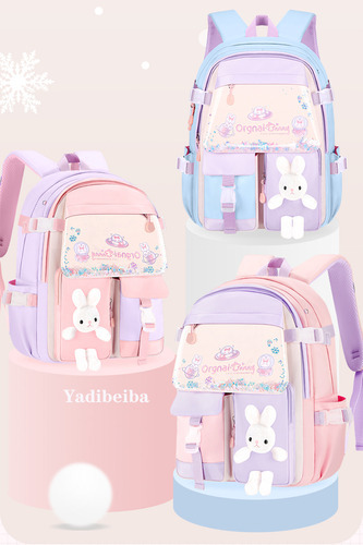 Mochilas escolares para niñas, mochila escolar infantil de color morado y diseño de tela de conejo pequeño