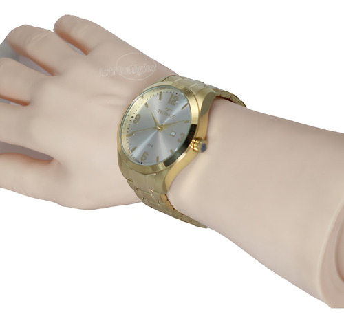 Relógio Technos Todo Em Aço Inox Dourado A Prova D'agua + Cor Do Fundo Prateado