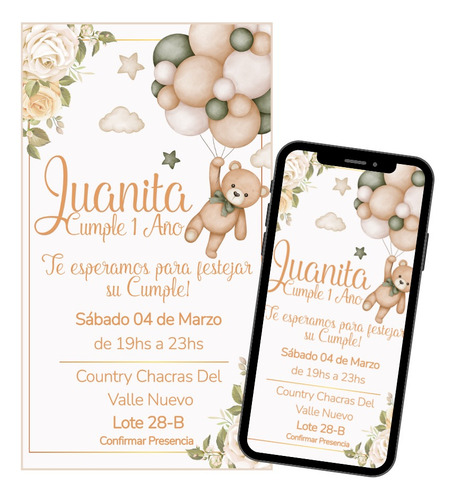 Invitación Digital Personalizada Osito Verde Y Beige
